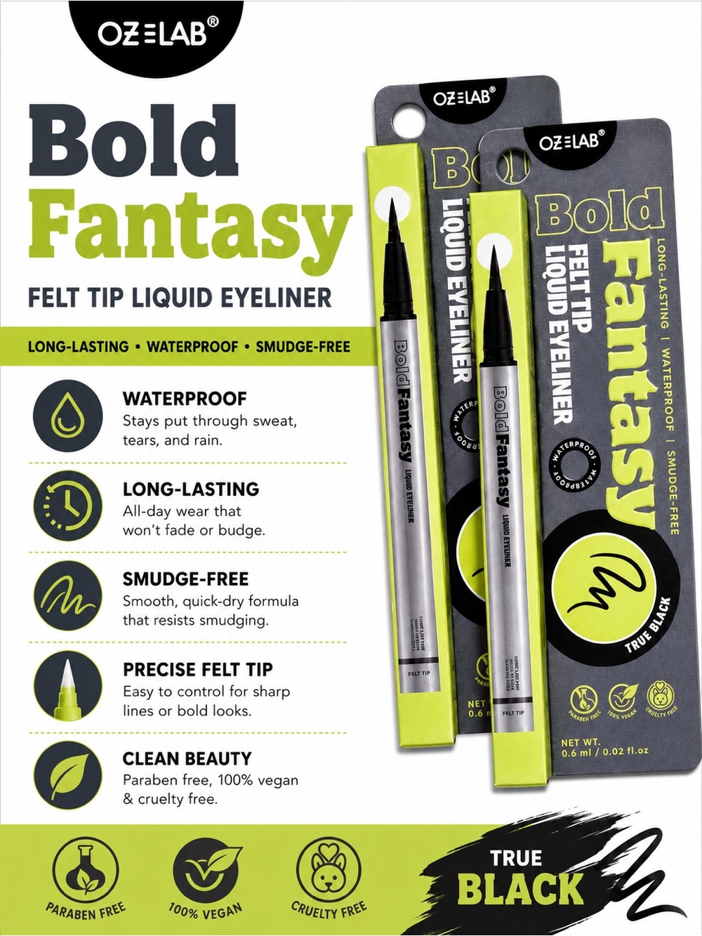 OZLAB Bold Fantasy Felt Tip Liquid Eyeliner Duo Black NIP